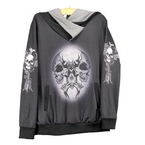 Yu Ki Skull Pullover Hoodie Womens Large Long Sleeve Black Big Skull Graphic